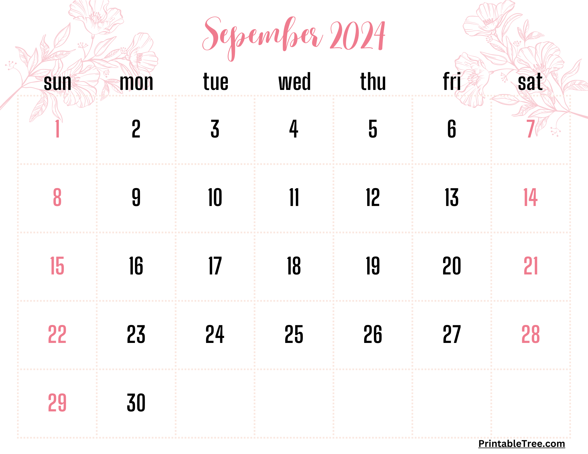 September 2024 Calendar Printable Pdf With Holidays | Pink September 2024 Calendar