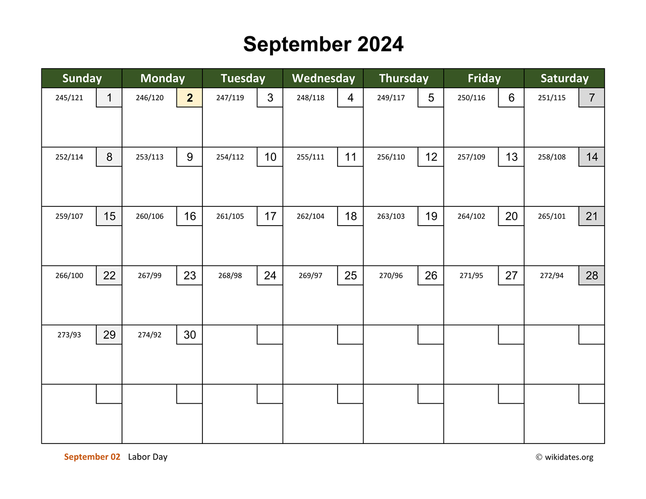 September 2024 Calendar With Day Numbers | Wikidates | National Calendar Day September 2024