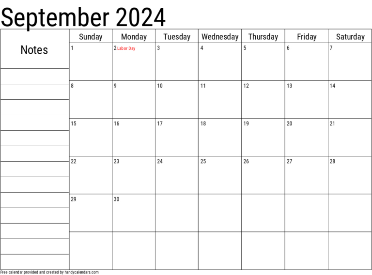 September 2024 Calendar With Notes And Holidays - Handy Calendars | September 2024 Calendar With Notes