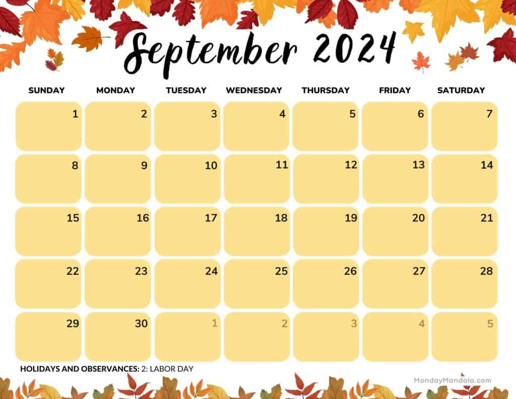 September 2024 Calendars (52 Free Pdf Printables) | September 2024 Calendar Fall