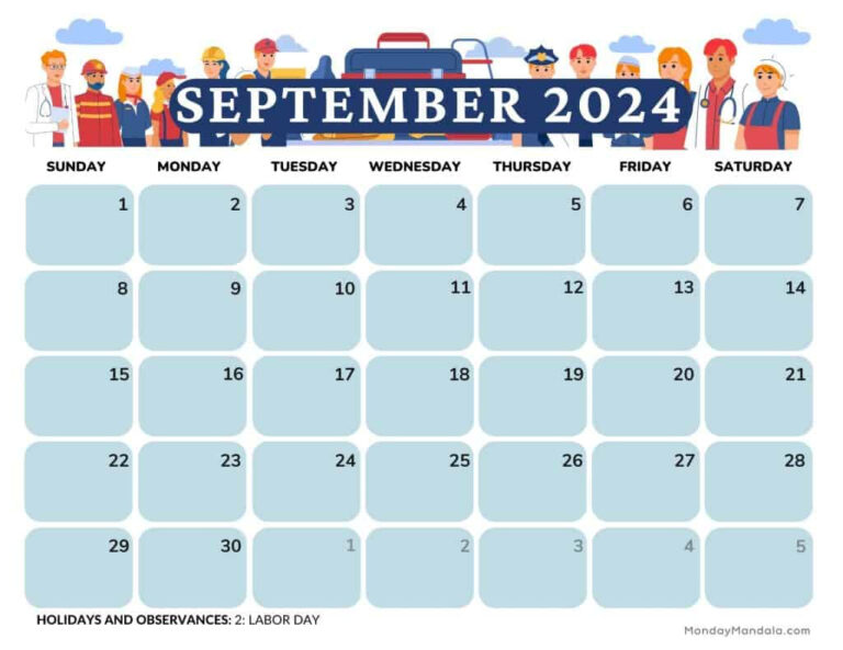 September 2024 Calendars (52 Free Pdf Printables) | September 2024 Calendar Labor Day