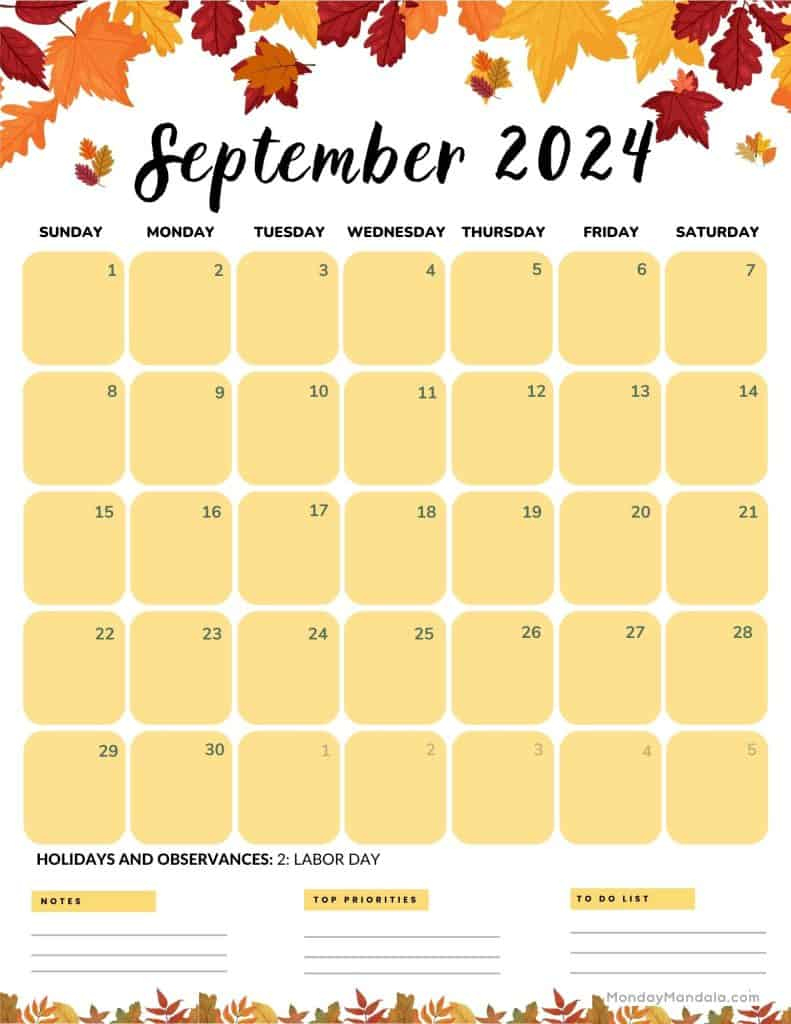 September 2024 Calendars (52 Free Pdf Printables) | September 2024 Calendar Theme Ideas