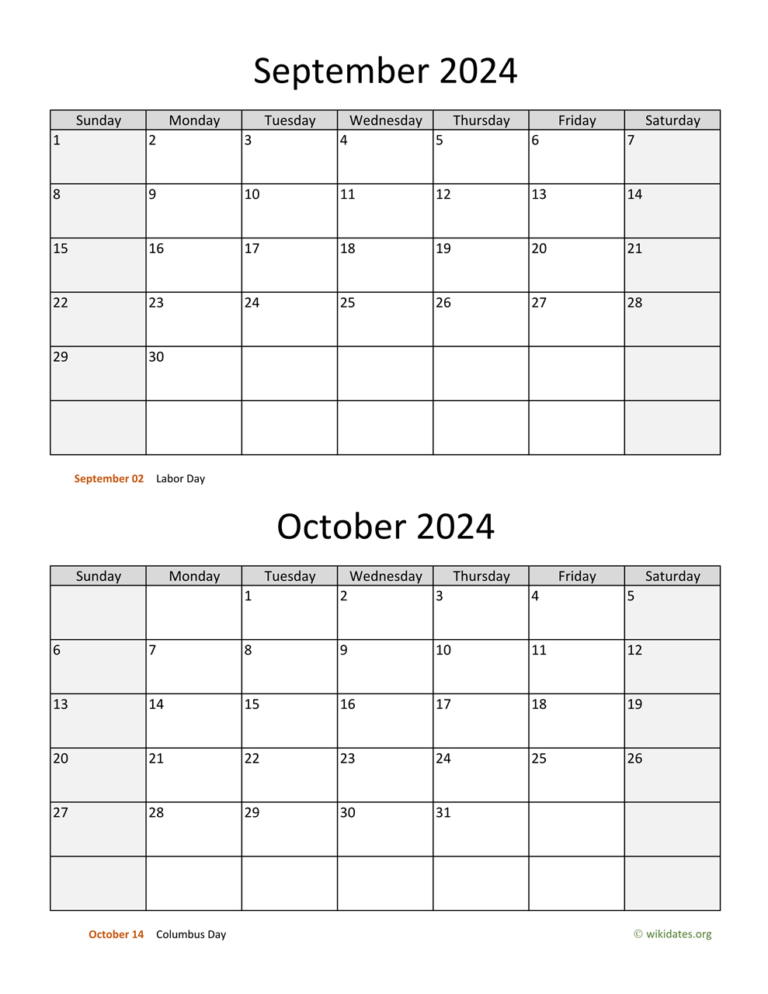 September And October 2024 Calendar | Wikidates | Calendar October 2024 to September 2024