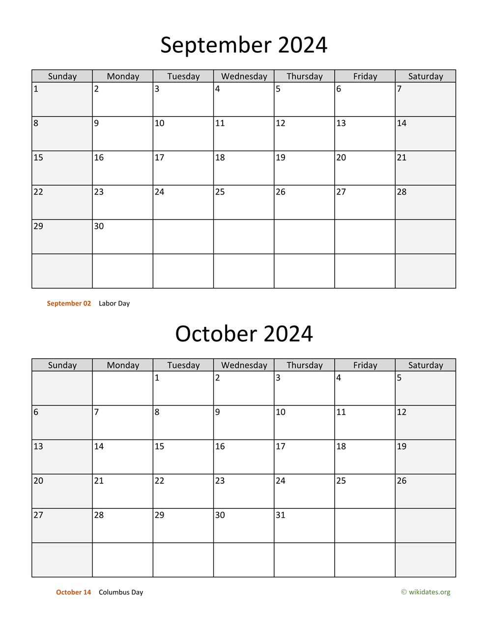 September And October 2024 Calendar | Wikidates | Calendar October 2024 to September 2024