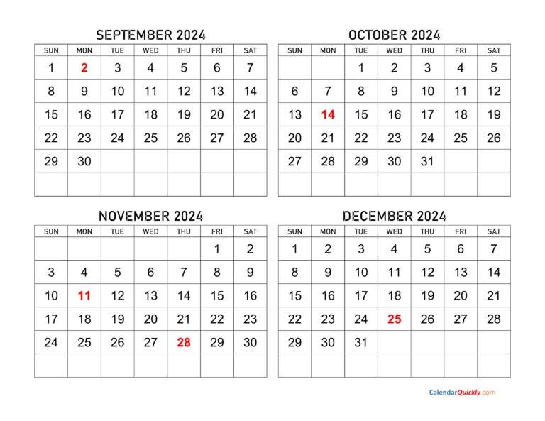 September To December 2024 Calendar | Calendar Quickly | 2024 Calendar September October November December