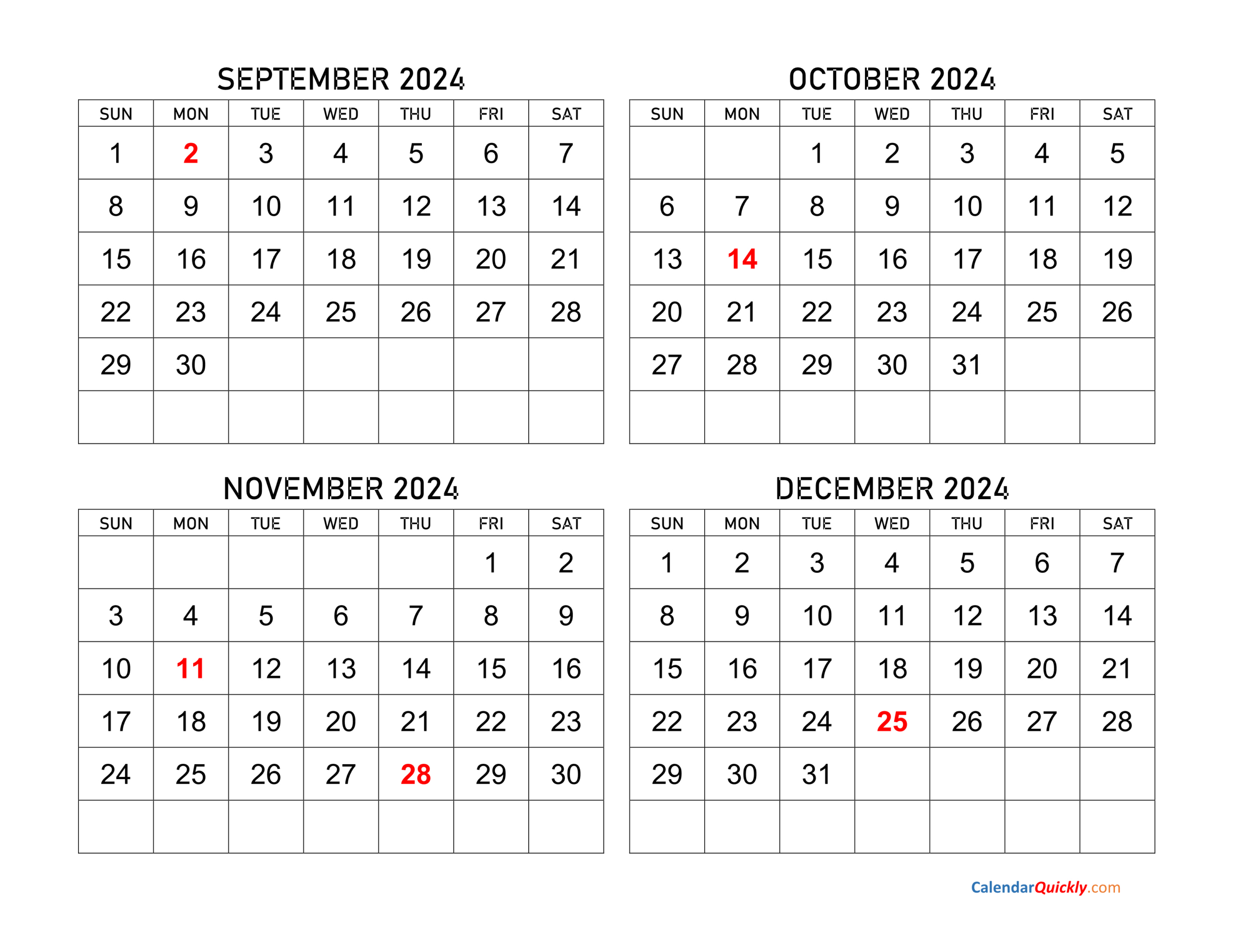 September To December 2024 Calendar | Calendar Quickly | Calendar September to December 2024