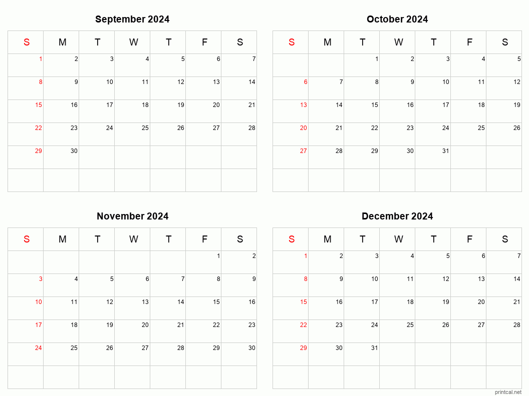 September To December 2024 Printable Calendar | Four Months Per | September Through December 2024 Calendar