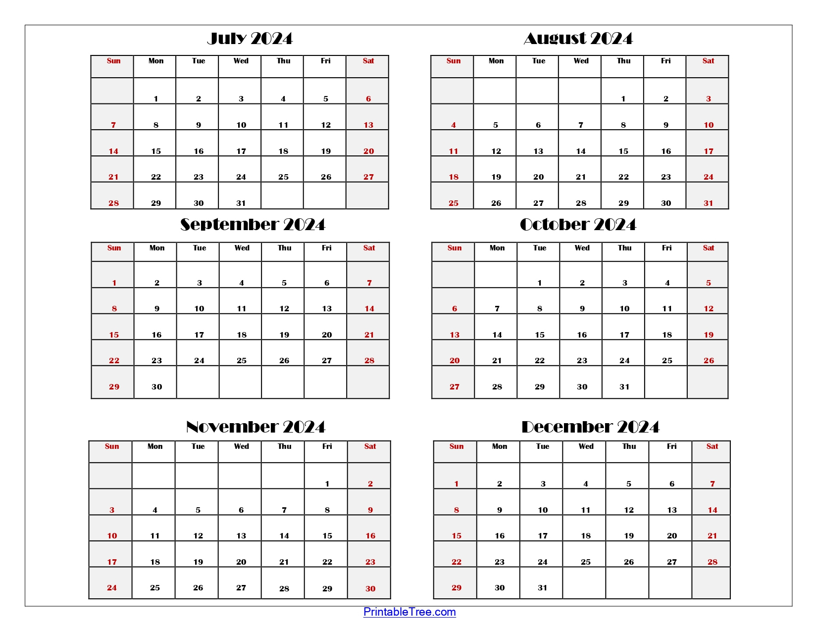 Six Month Calendar 2024 Printable Pdf- 6 Months Calendar Per Page | Calendar June July August September October 2024