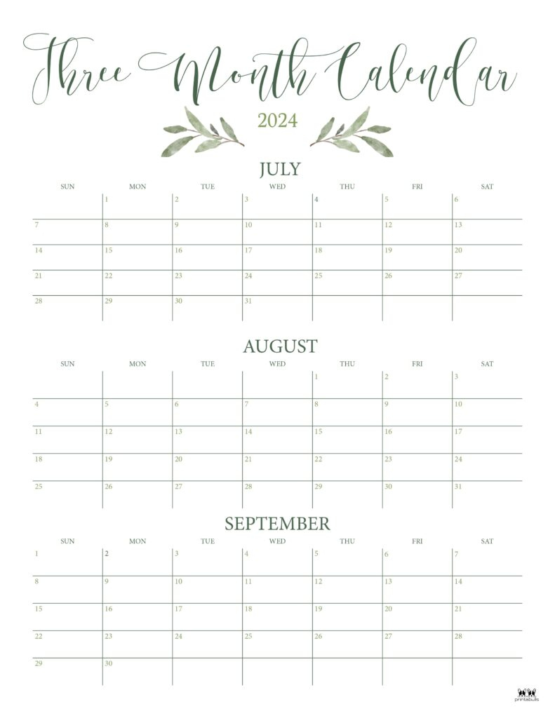 Three Month/Quarterly Calendars - 36 Free Calendars | Printabulls | 3 Month Vertical Calendar July-September 2024