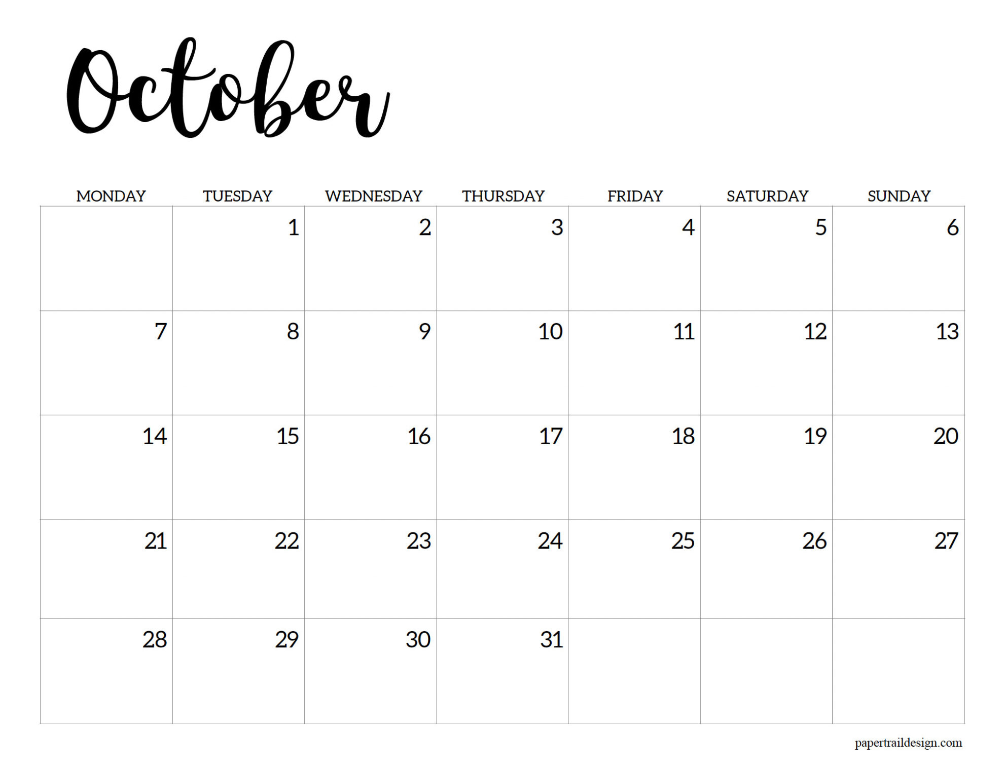 2024-2025 Printable School Calendar - Paper Trail Design | October 2024 Calendar Printable Monday Start