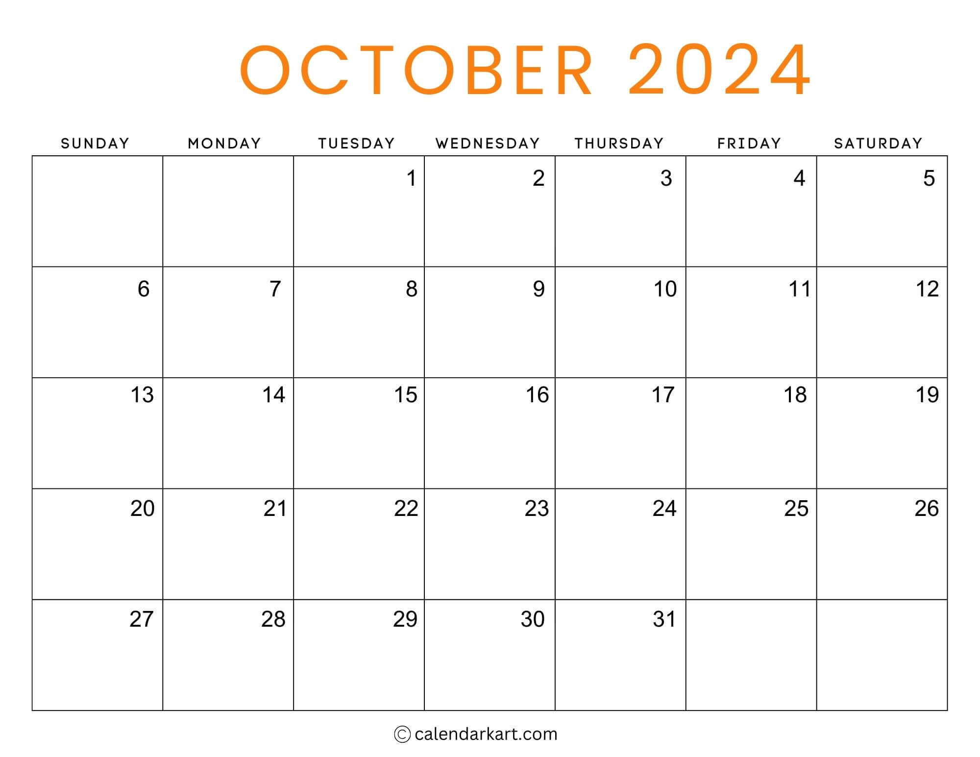 38 Printable October 2024 Calendars | Free Pdf - Calendarkart | October 1 2024 Calendar