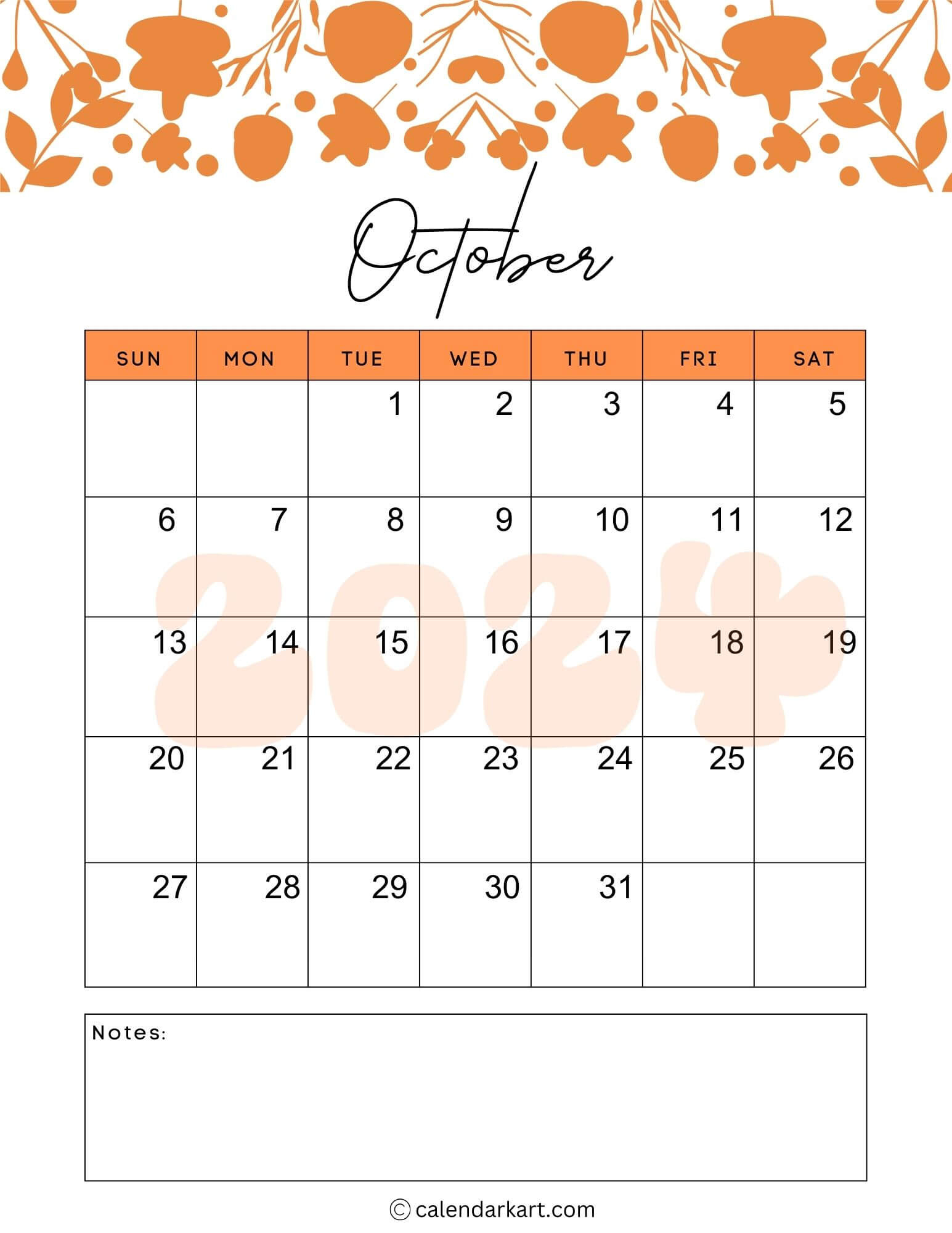 38 Printable October 2024 Calendars | Free Pdf - Calendarkart | October 17 2024 Calendar