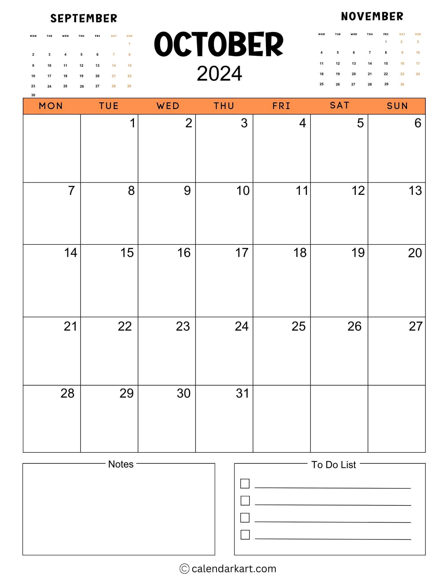 38 Printable October 2024 Calendars | Free Pdf - Calendarkart | October 2024 Calendar Printable Monday Start