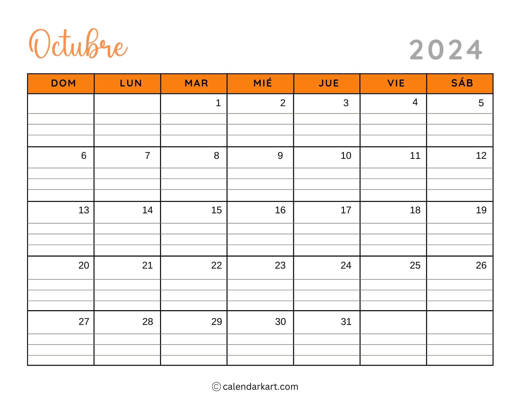 38 Printable October 2024 Calendars | Free Pdf - Calendarkart | October 2024 Calendar With Lines Printable