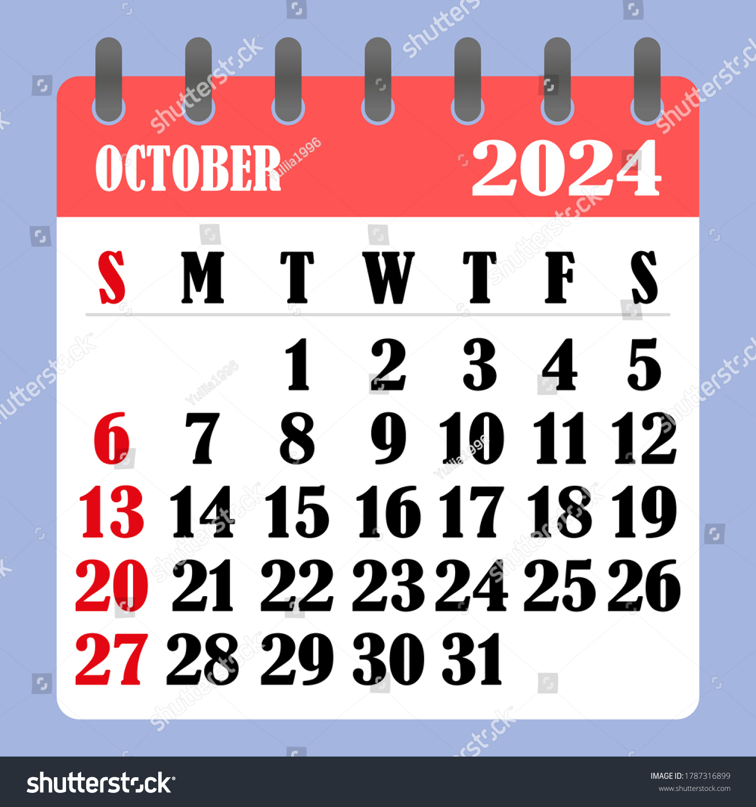 Briefkalender Für Oktober 2024. Die Woche: Stock-Vektorgrafik | October 19Th 2024 Calendar