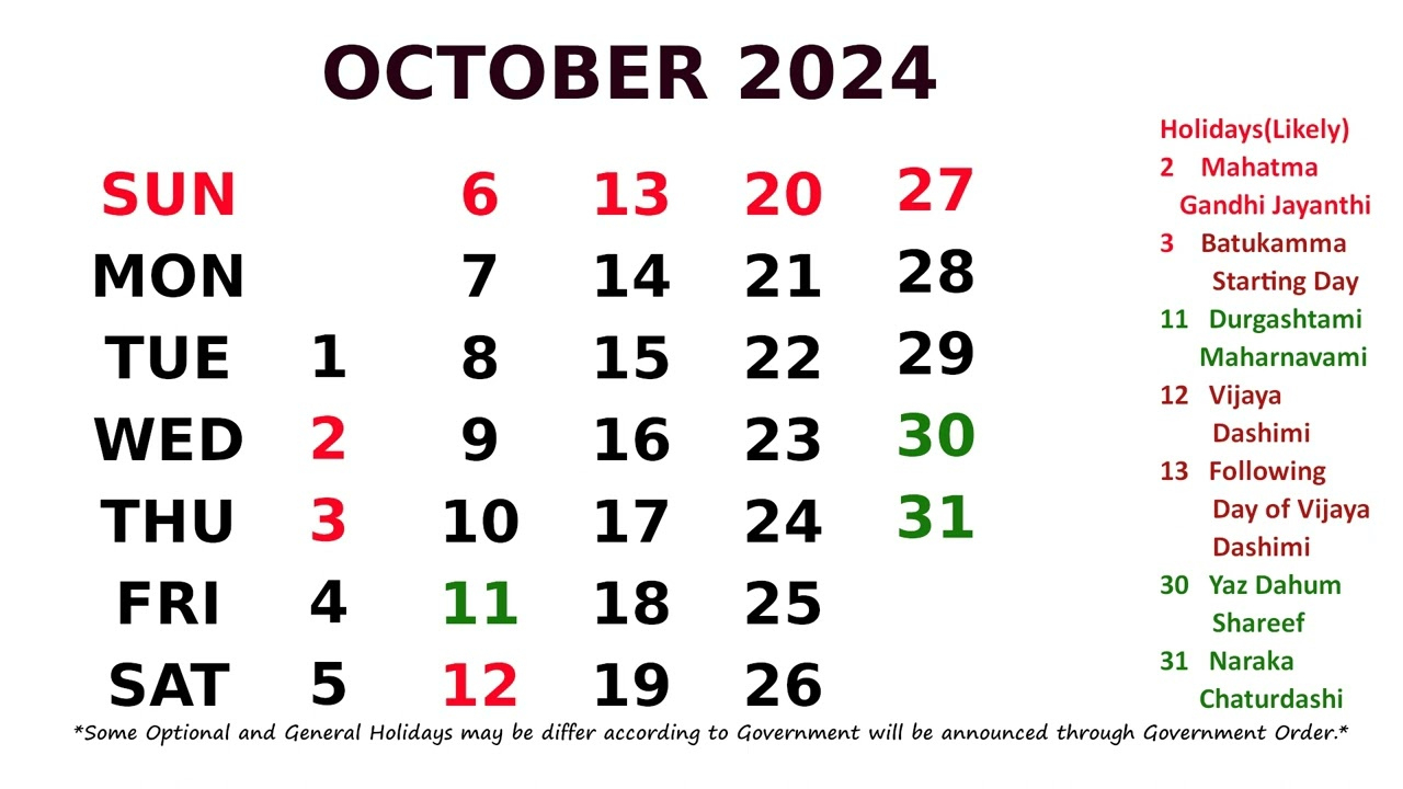 Calendar October 2024 | Holidays October 2024 Calendar