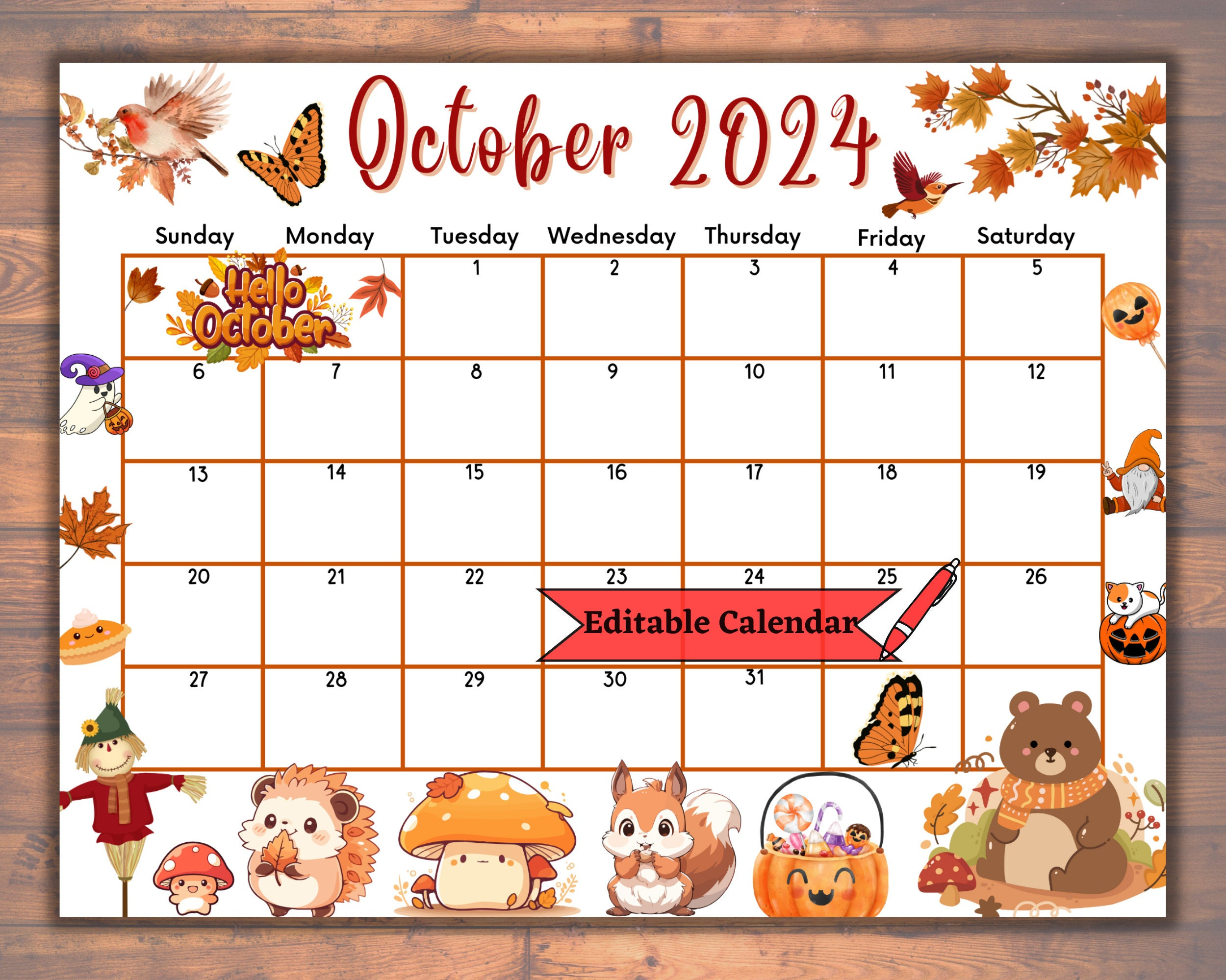 Editable Fillable October 2024 Calendar For Autumn, Fall, Happy | Cute Calendar October 2024