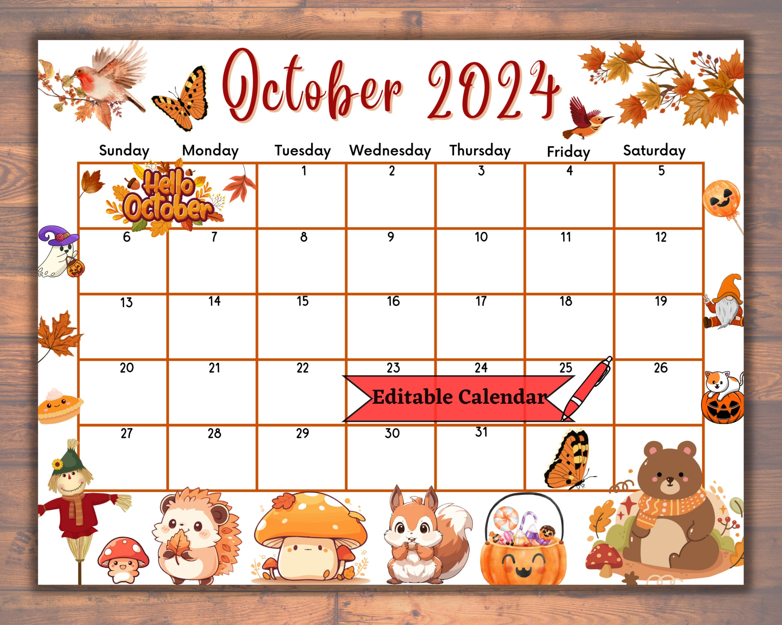 Editable Fillable October 2024 Calendar For Autumn, Fall, Happy | Cute October Calendar 2024