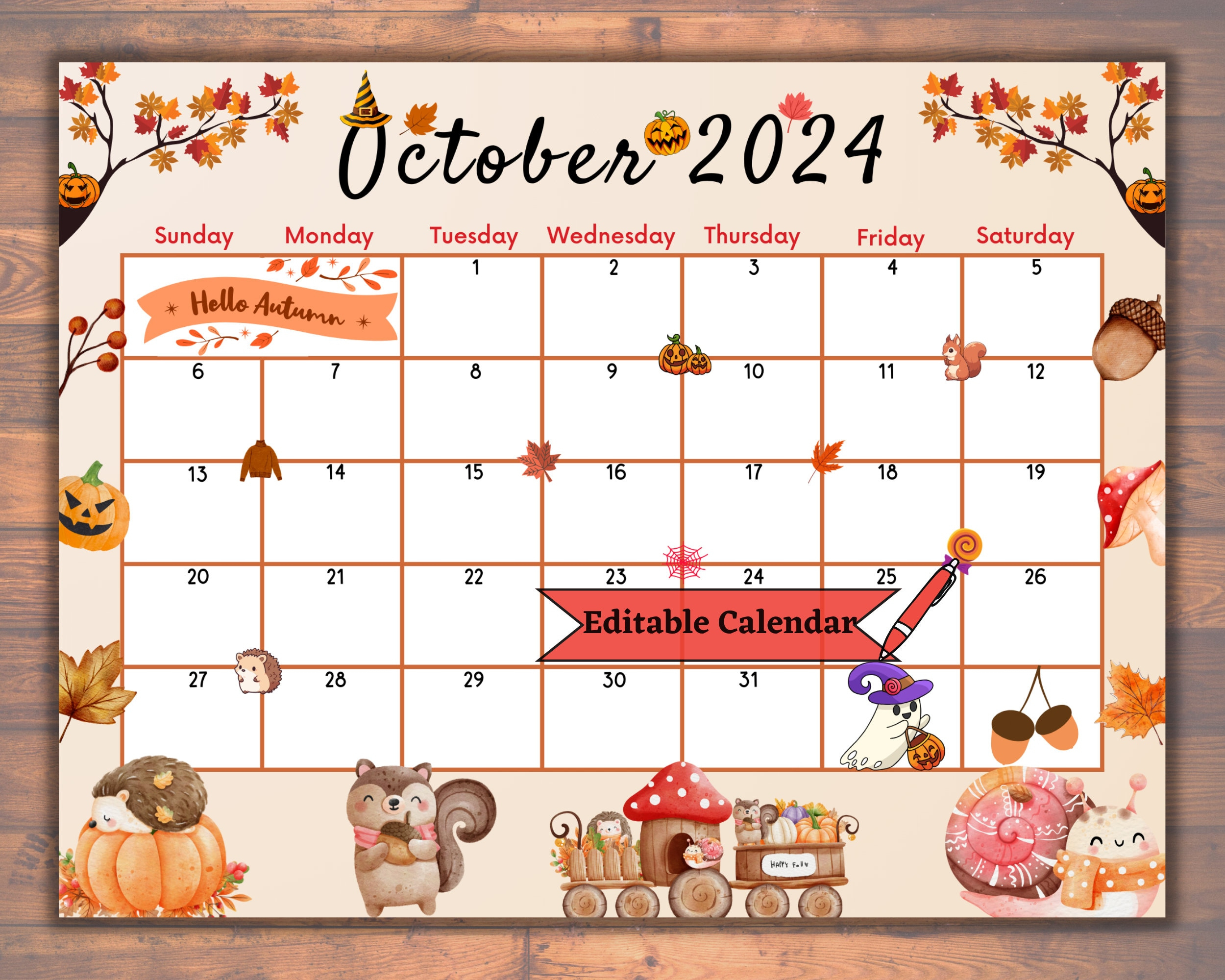 Editable Fillable October 2024 Calendar For Autumn, Fall, Happy | Editable October Calendar 2024