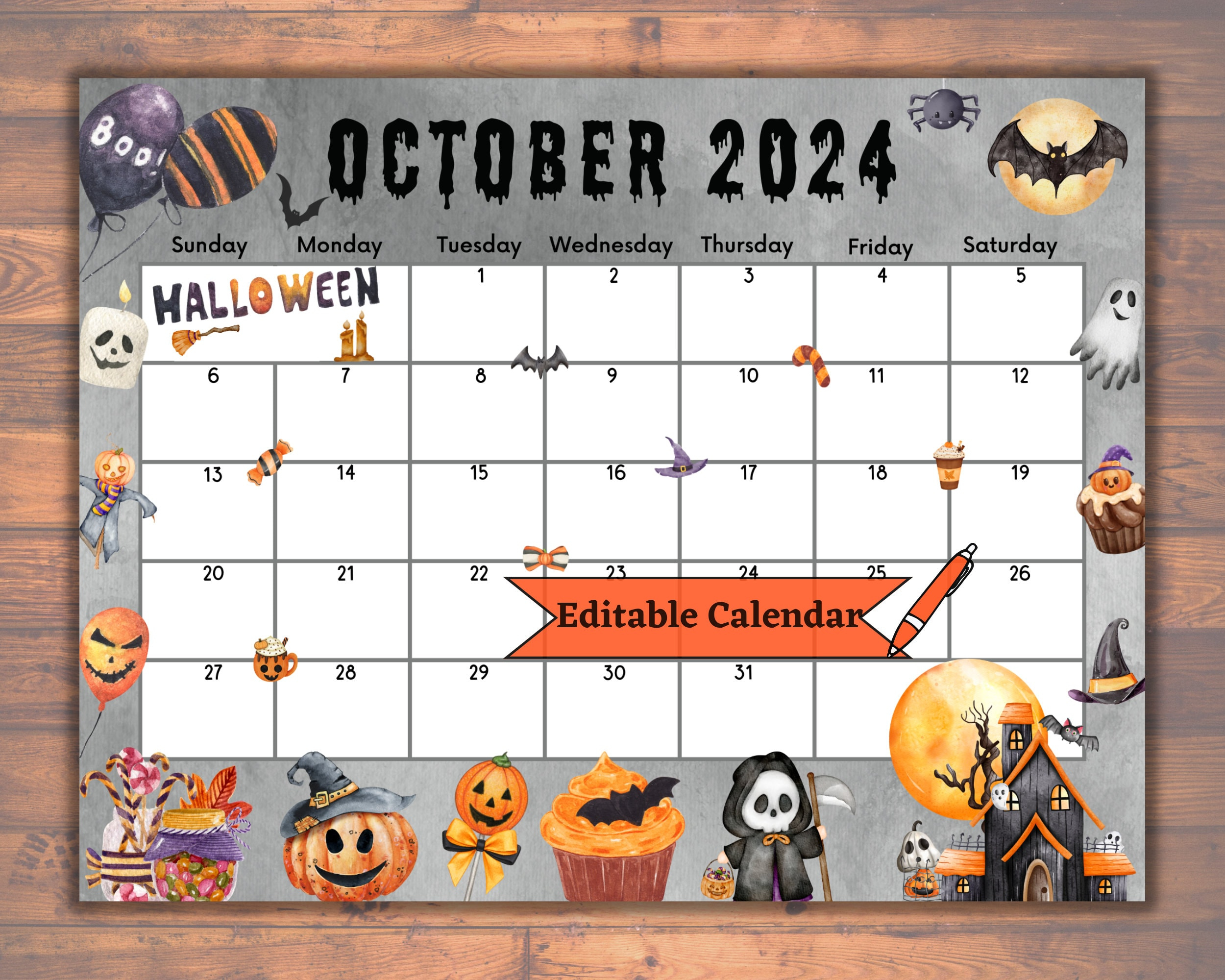 Editable Fillable October 2024 Calendar For Spooky Happy Halloween | Halloween October 2024 Calendar