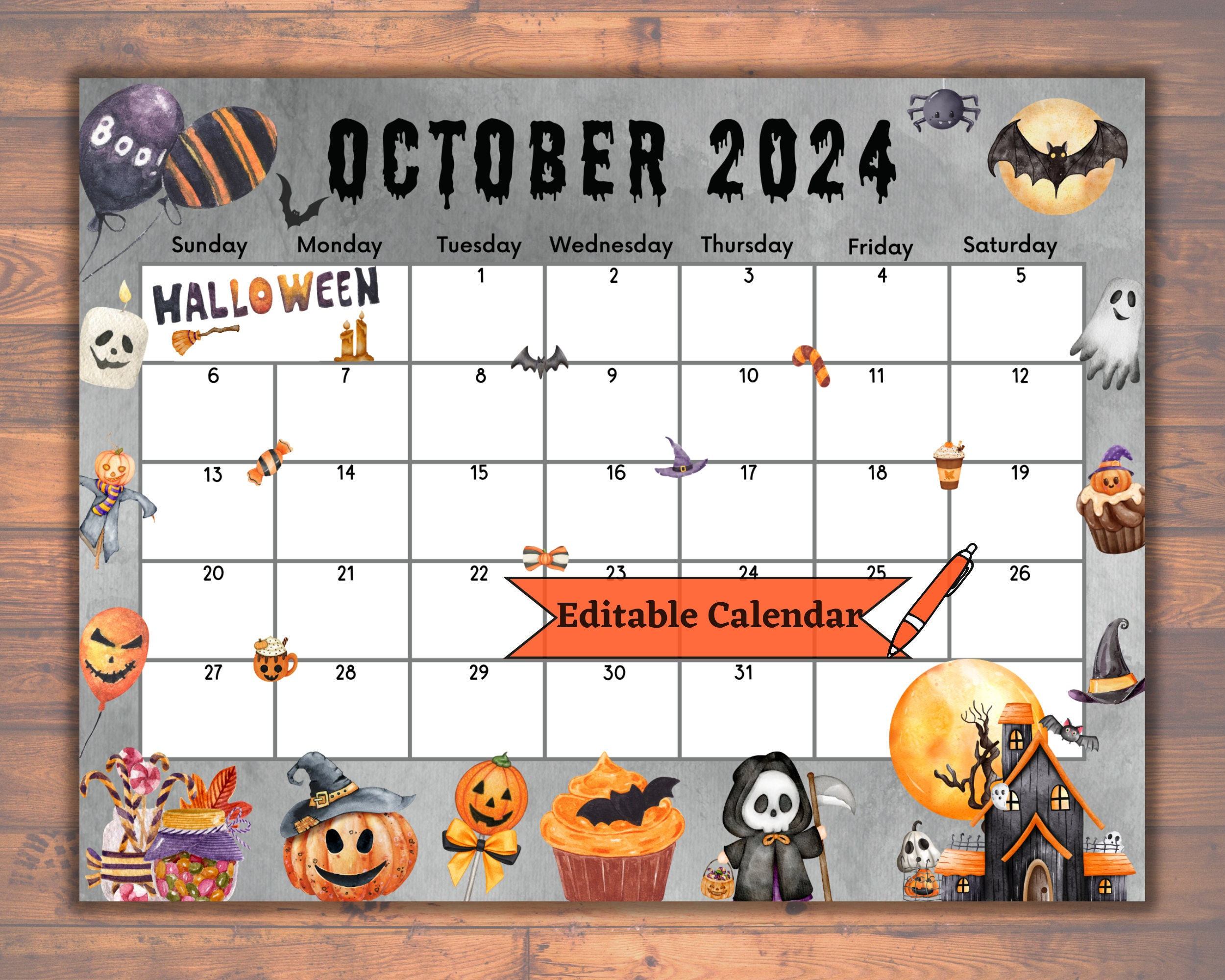 Editable Fillable October 2024 Calendar For Spooky Happy Halloween | Halloween October Calendar 2024