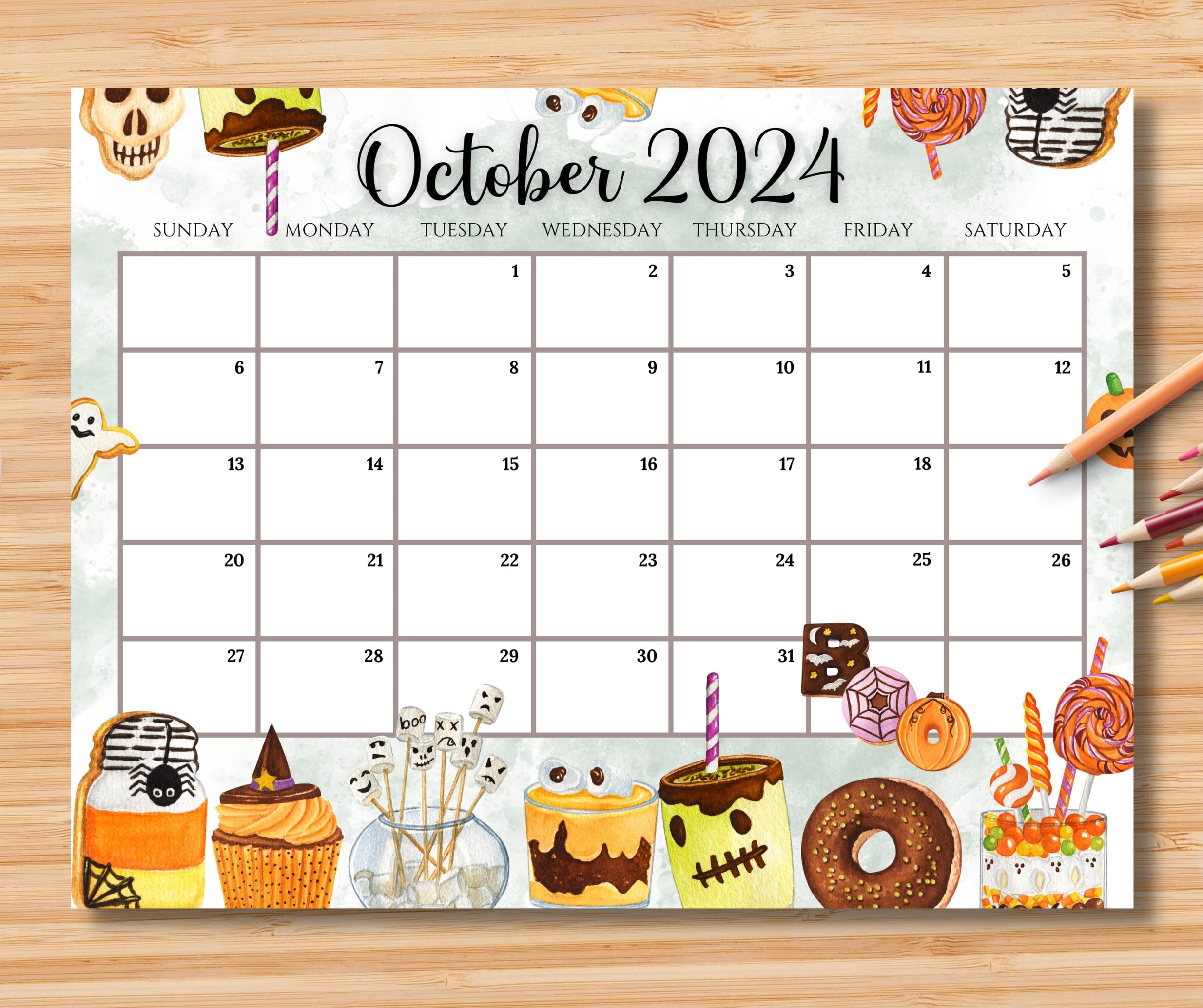 Editable October 2024 Calendar, Spooky Halloween With Cute Sweet | Editable Calendar October 2024