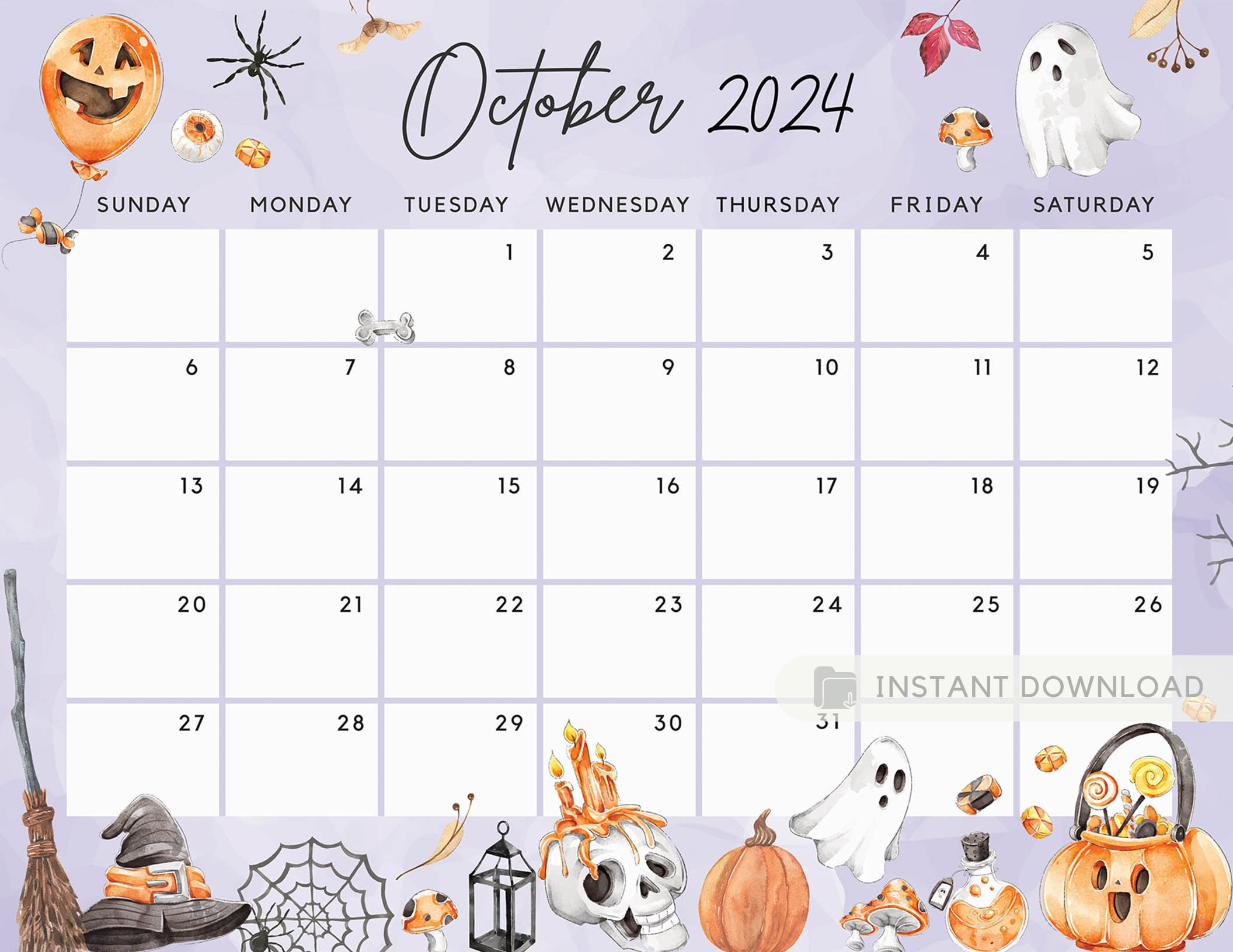 Fillable October 2024 Calendar, Halloween Fun Spooky Party Night | Editable October 2024 Calendar