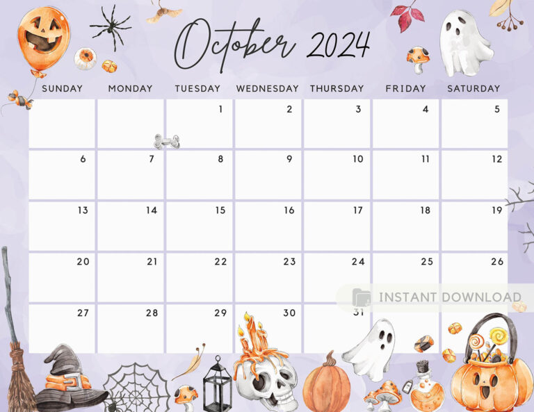 Fillable October 2024 Calendar, Halloween Fun Spooky Party Night | Halloween October 2024 Calendar