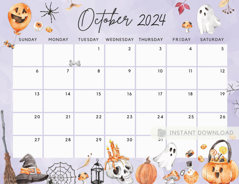 Fillable October 2024 Calendar, Halloween Fun Spooky Party Night | October 2024 Calendar Halloween Printable