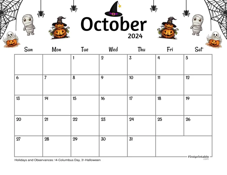 Free Printable &amp; Fillable October Calendars 2024 | Fillable October 2024 Calendar