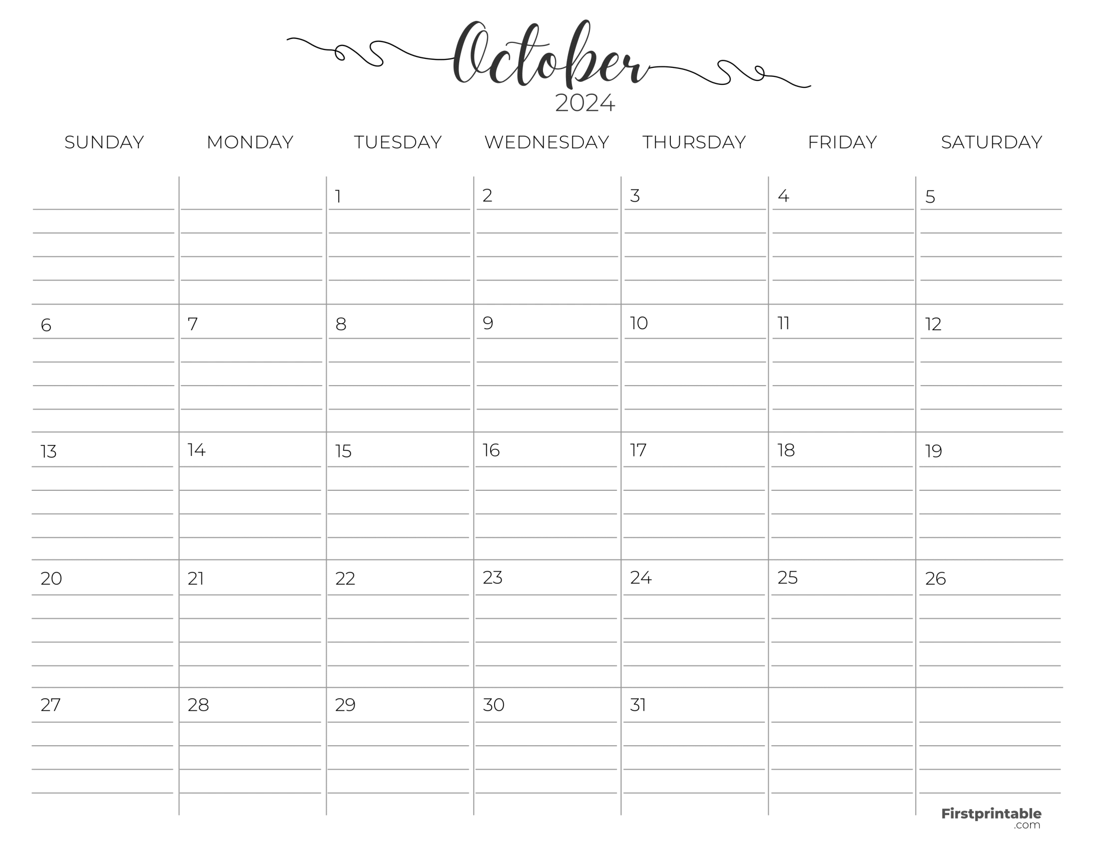 Free Printable &amp;amp; Fillable October Calendars 2024 | October 2024 Calendar Printable With Lines