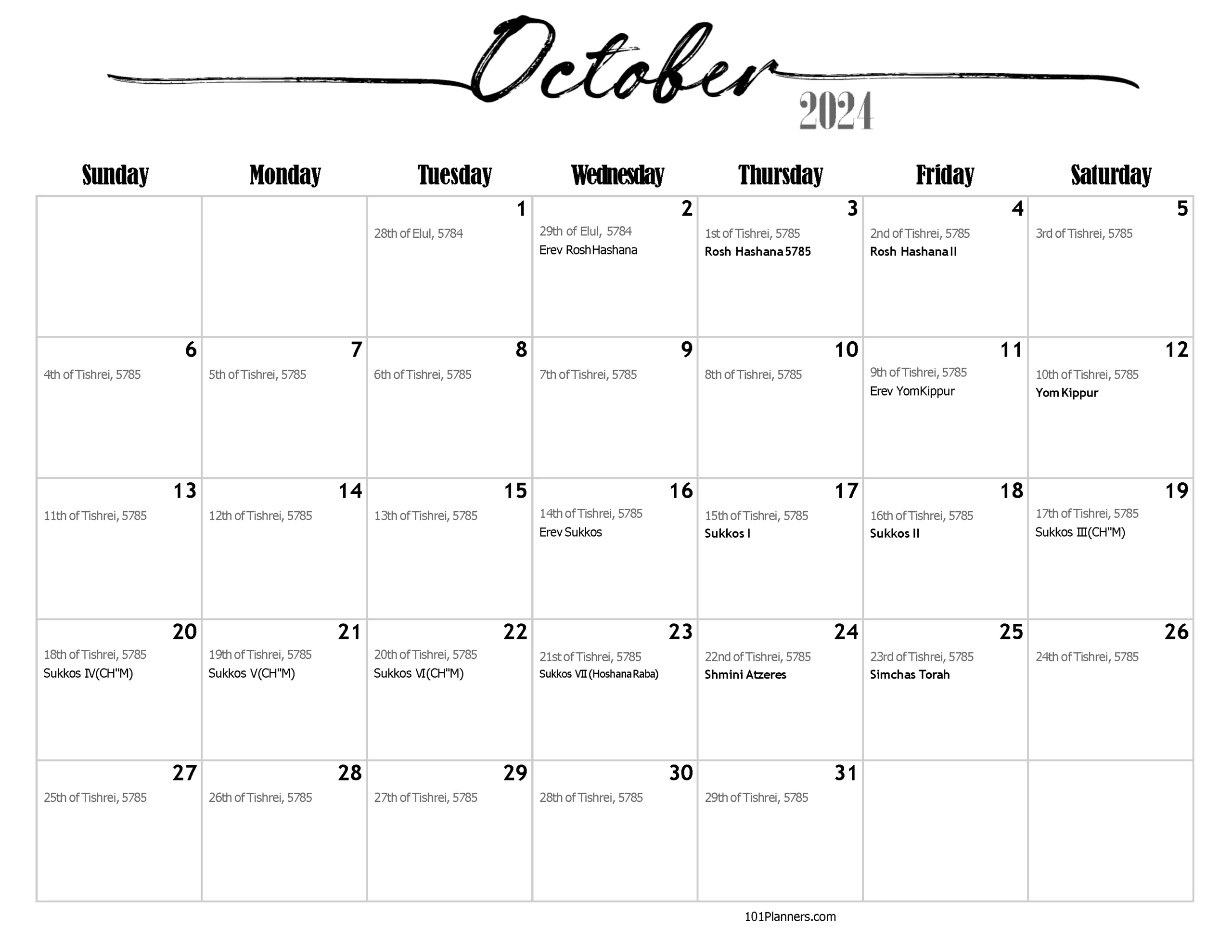 Jewish Calendar October 2024 Printable Calendar 2024