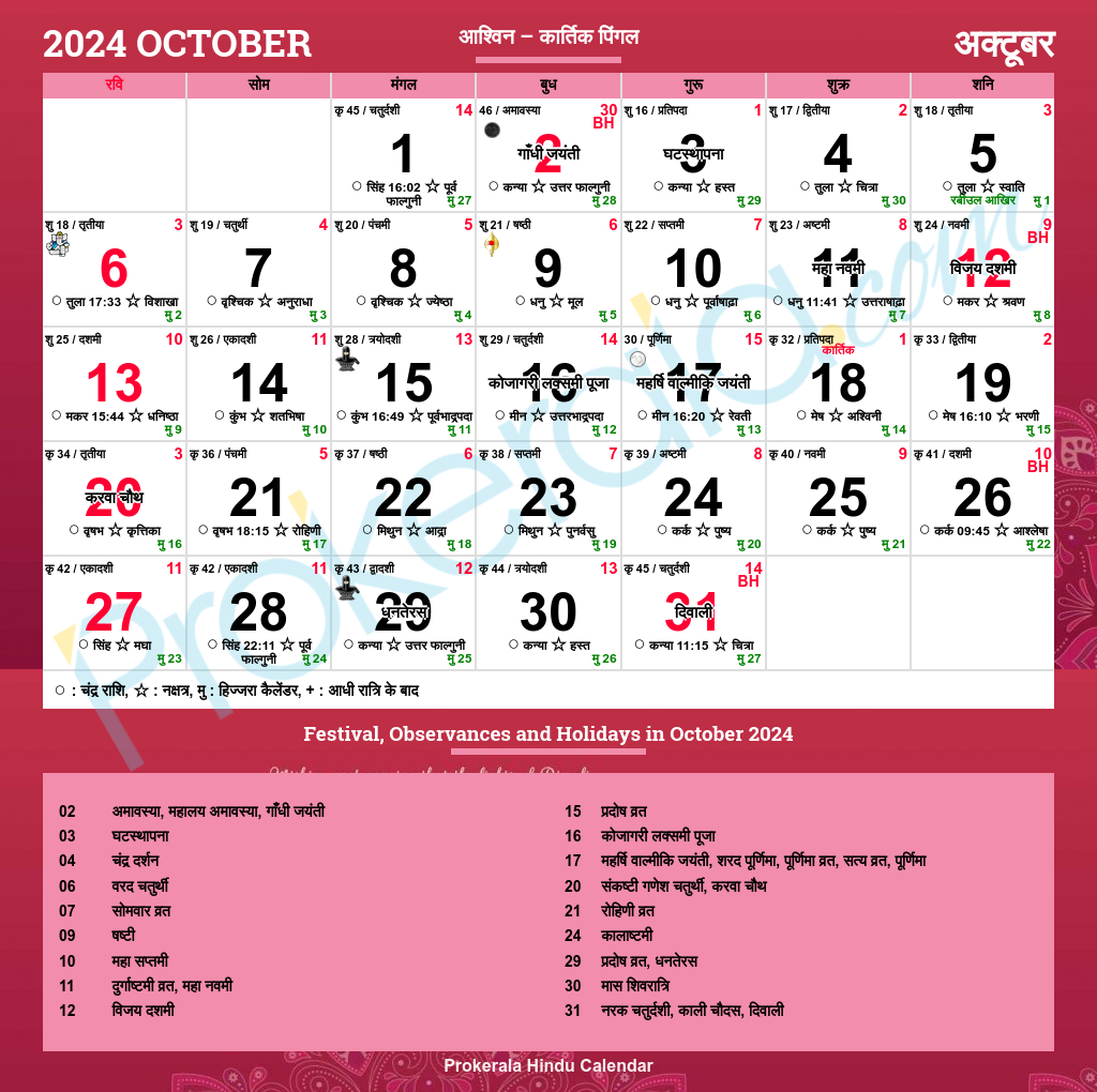 Hindu Calendar 2024, October | Gujarati Calendar 2024 October