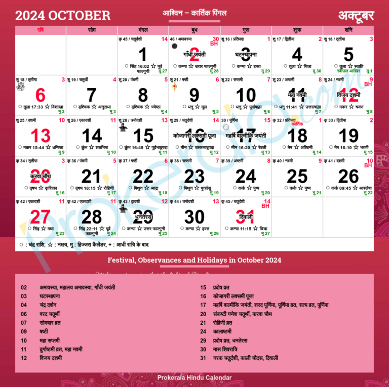 Hindu Calendar 2024, October | Hindu Calendar 2024 October