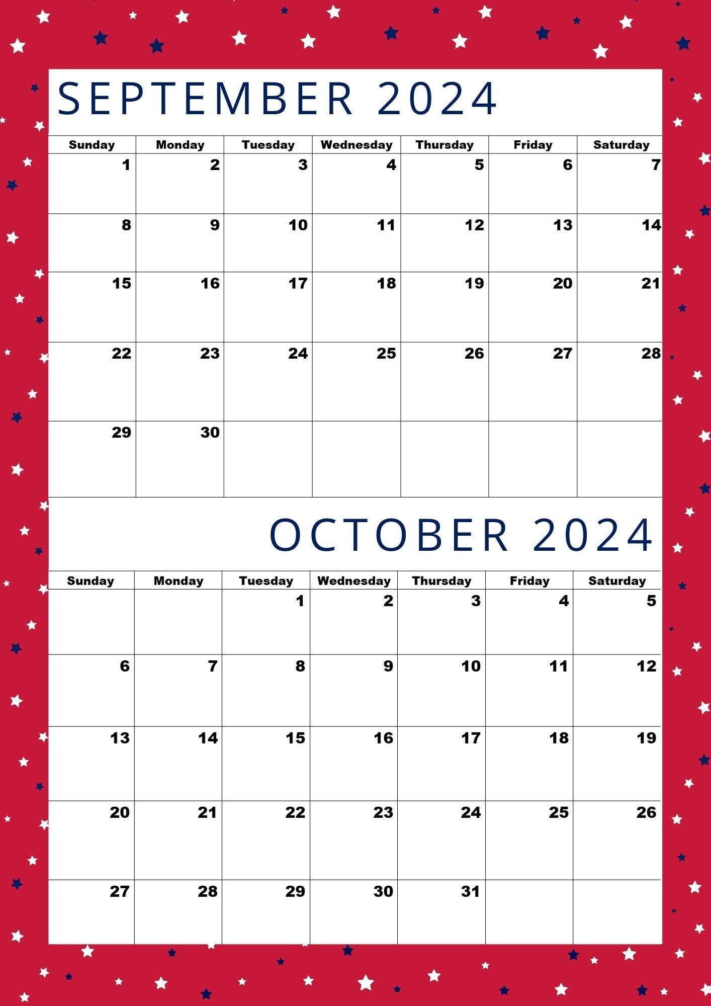 Kalender Für September 2024, Oktober 2024, A4-Format, Letter | September October Calendar 2024