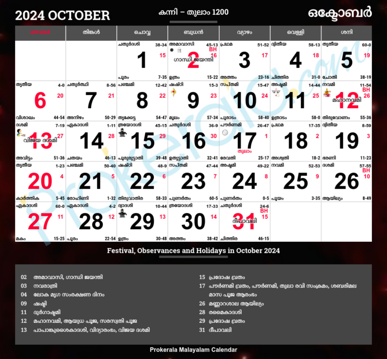 Malayalam Calendar 2024, October | Malayalam Calendar 2024 October