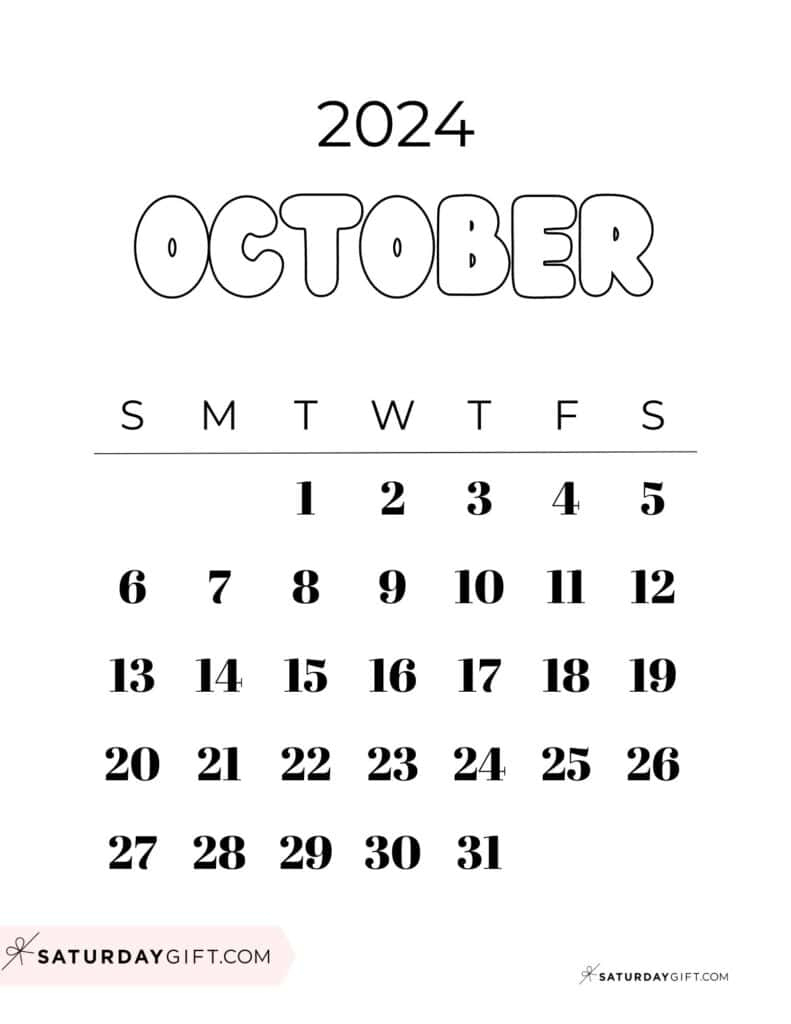 October 2024 Calendar - 20 Cute &amp;amp; Free Printables | Saturdaygift | Cute Printable October 2024 Calendar