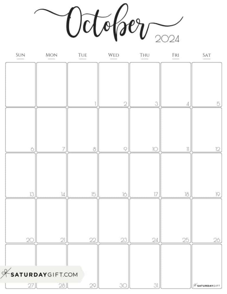 October 2024 Calendar - 20 Cute &amp; Free Printables | Saturdaygift | October 2024 Calendar Printable Portrait