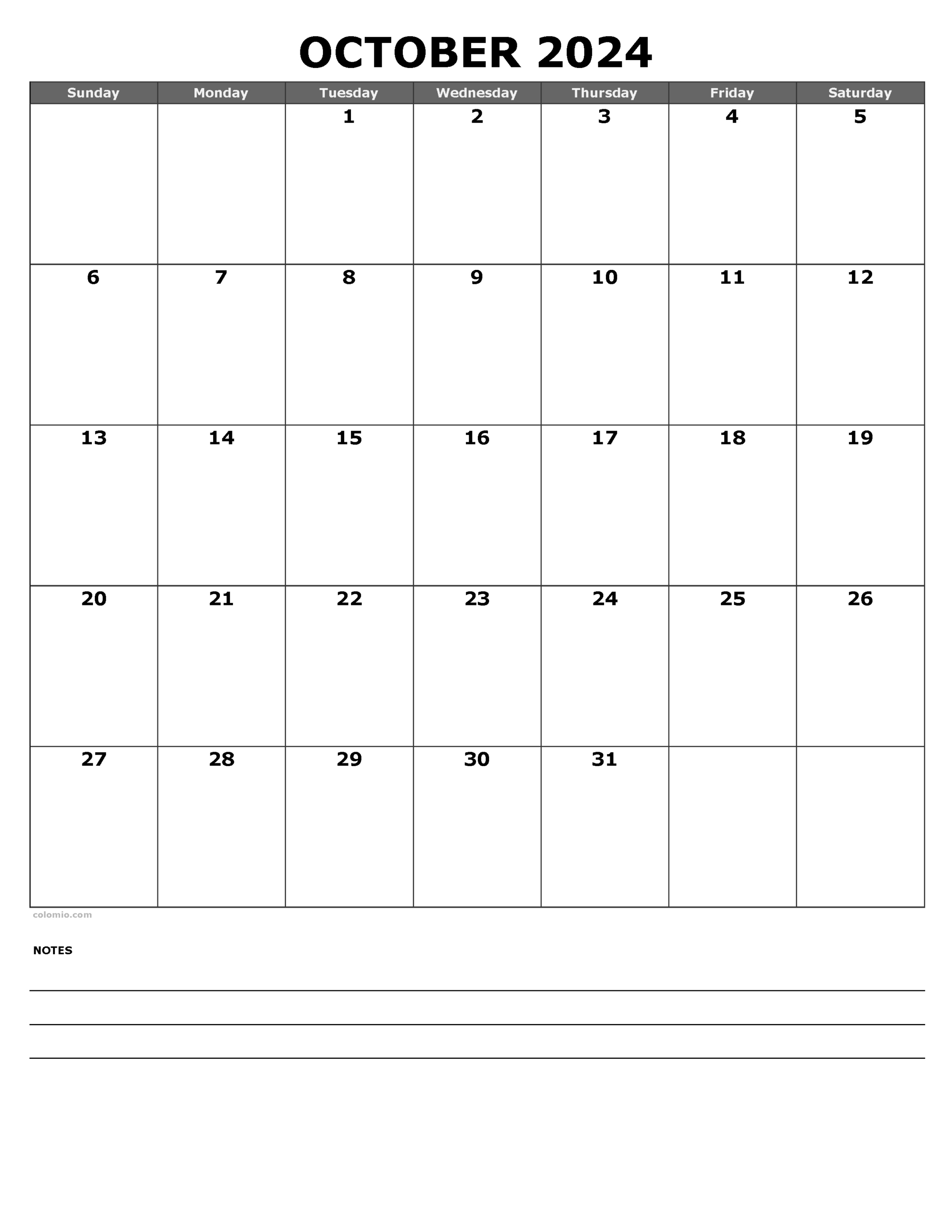 October 2024 Calendar | Free Printable Pdf, Xls And Png | 2024 October Printable Calendar