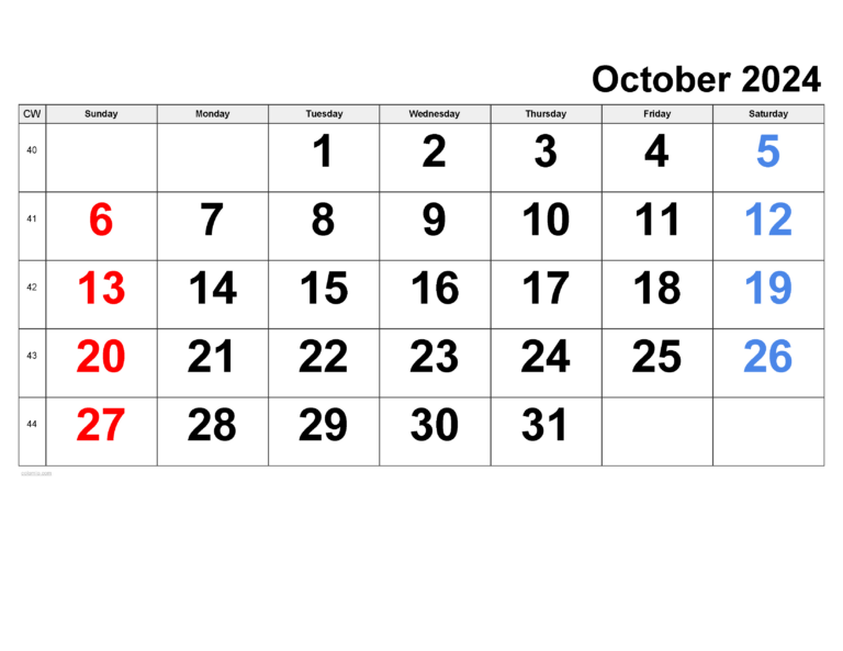 October 2024 Calendar | Free Printable Pdf, Xls And Png | October 2024 Calendar Numbers Printable