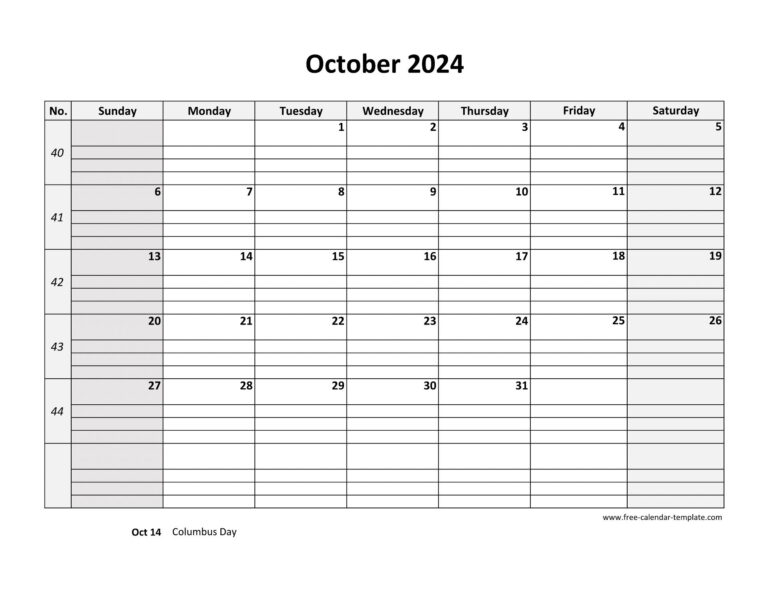 October 2024 Calendar Free Printable With Grid Lines Designed | October 2024 Calendar Printable With Lines