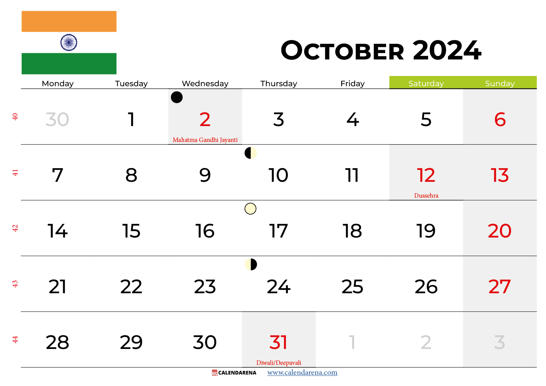 October 2024 Calendar India | Indian Calendar October 2024