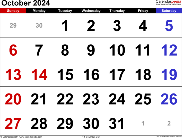 October 2024 Calendar | Templates For Word, Excel And Pdf | Large October 2024 Calendar