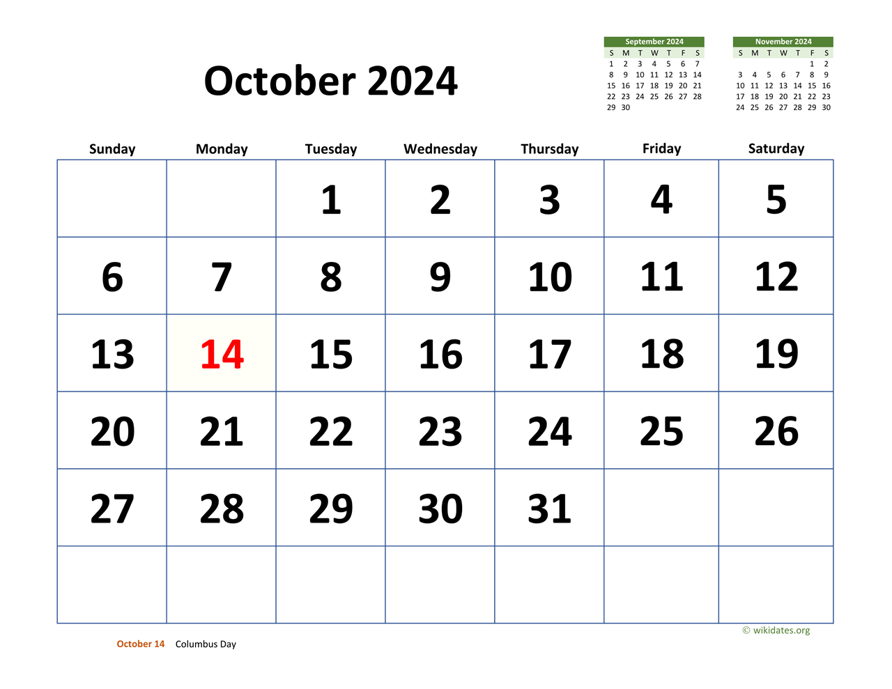 October 2024 Calendar With Extra-Large Dates | Wikidates | October 16 2024 Calendar