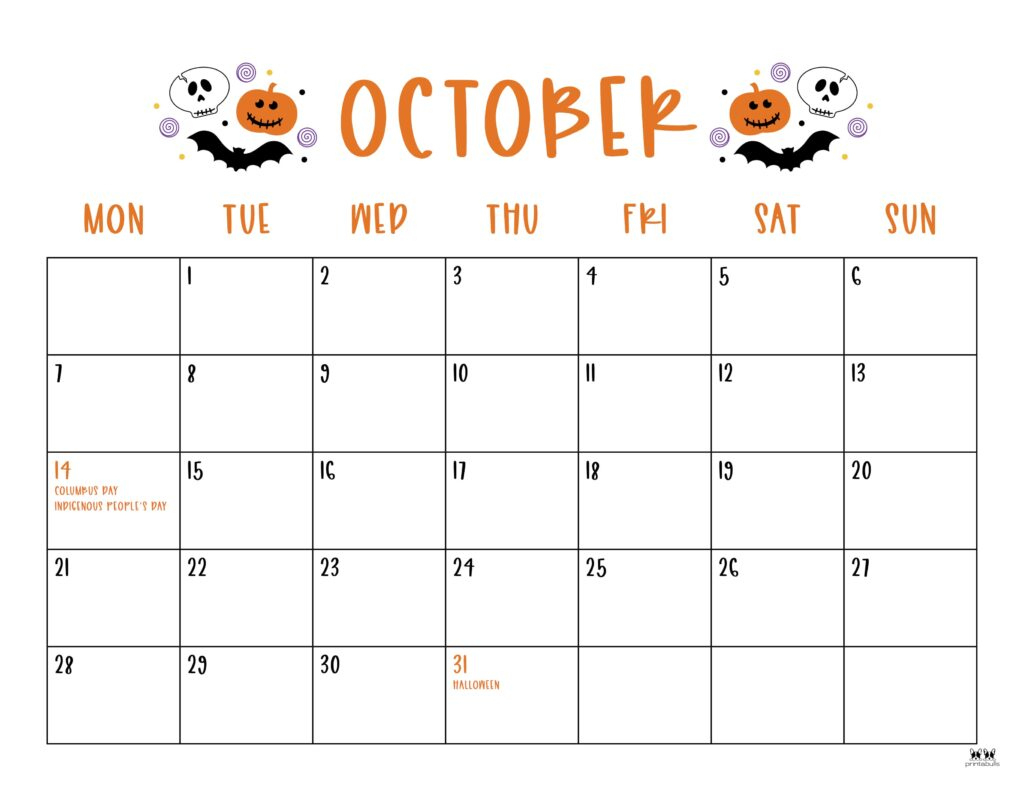 October 2024 Calendars - 50 Free Printables | Printabulls | October 2024 Calendar Monday Start