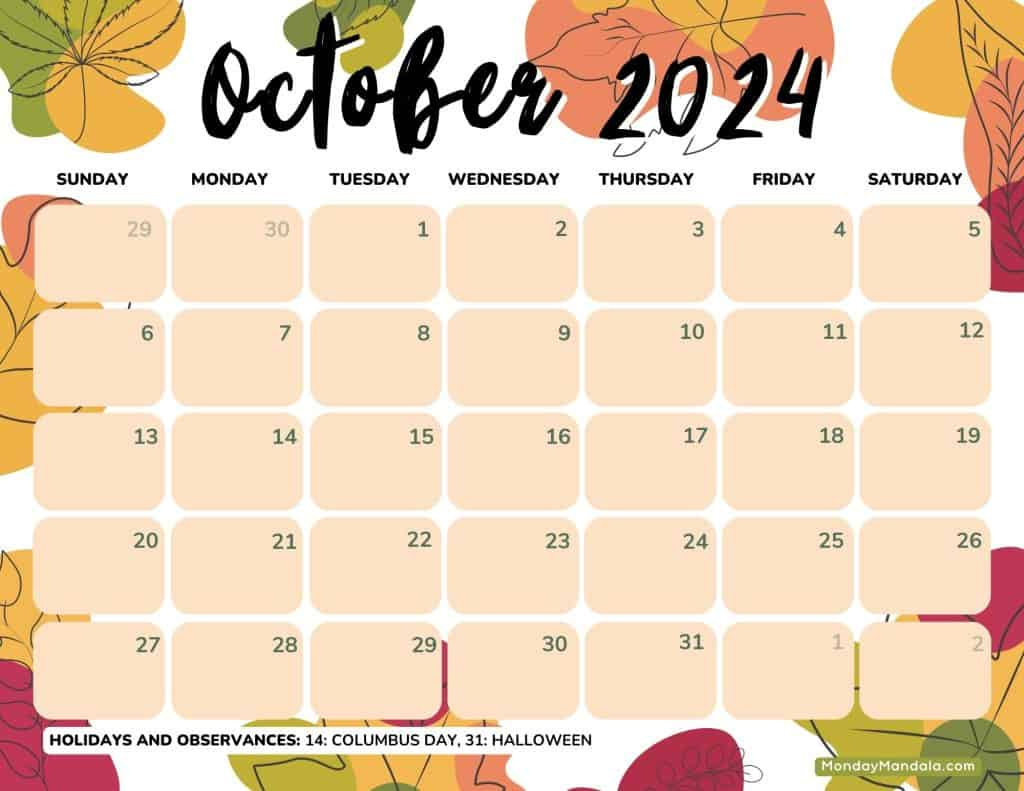 October 2024 Calendars (52 Free Pdf Printables) | Fall October Calendar 2024