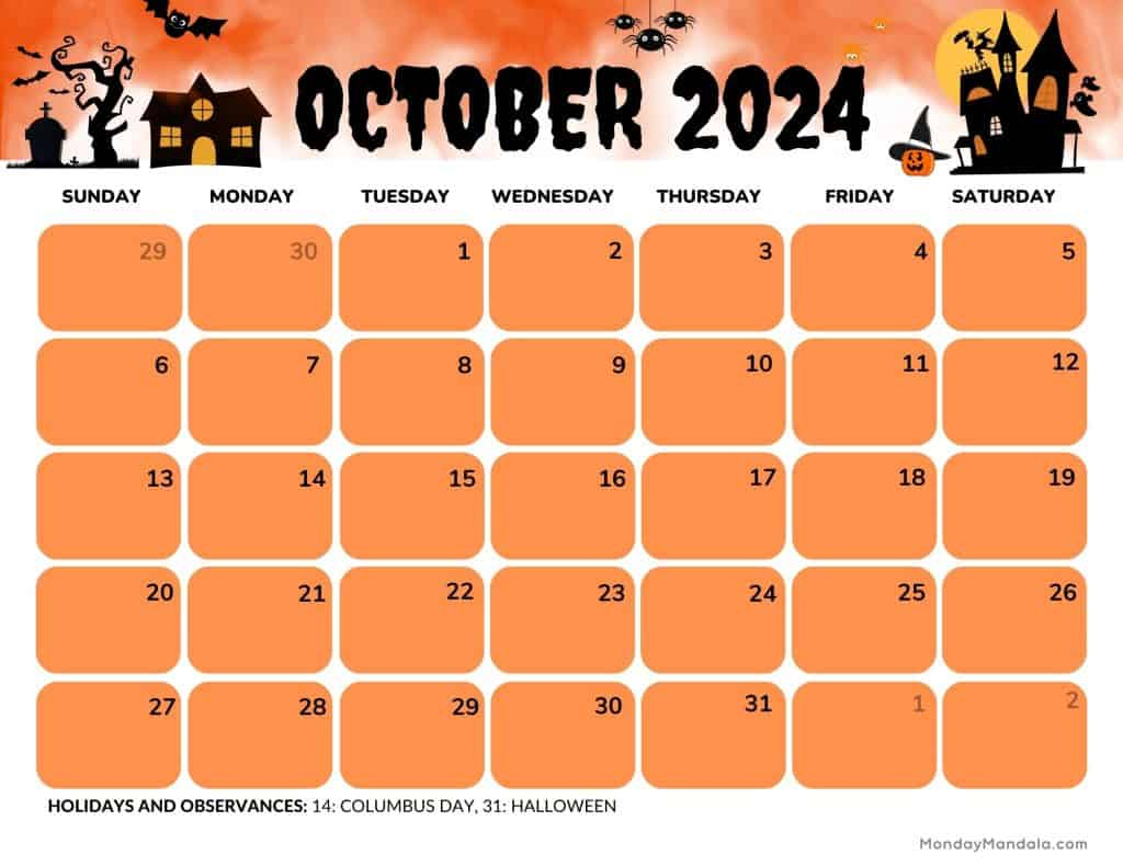 October 2024 Calendars (52 Free Pdf Printables) | Free Printable October 2024 Calendar Halloween