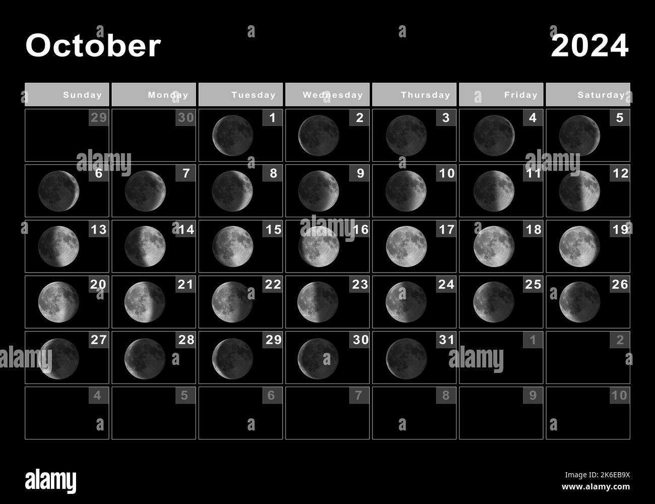 October 2024 Lunar Calendar, Moon Cycles, Moon Phases Stock Photo | Full Moon Calendar October 2024