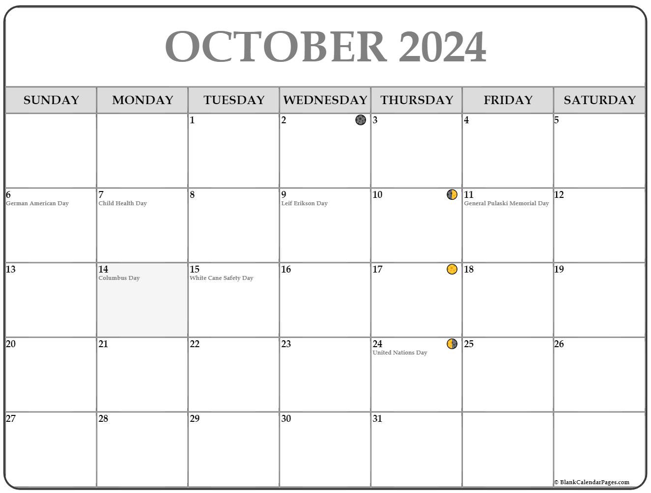 October 2024 Lunar Calendar | Moon Phase Calendar | Full Moon Calendar October 2024