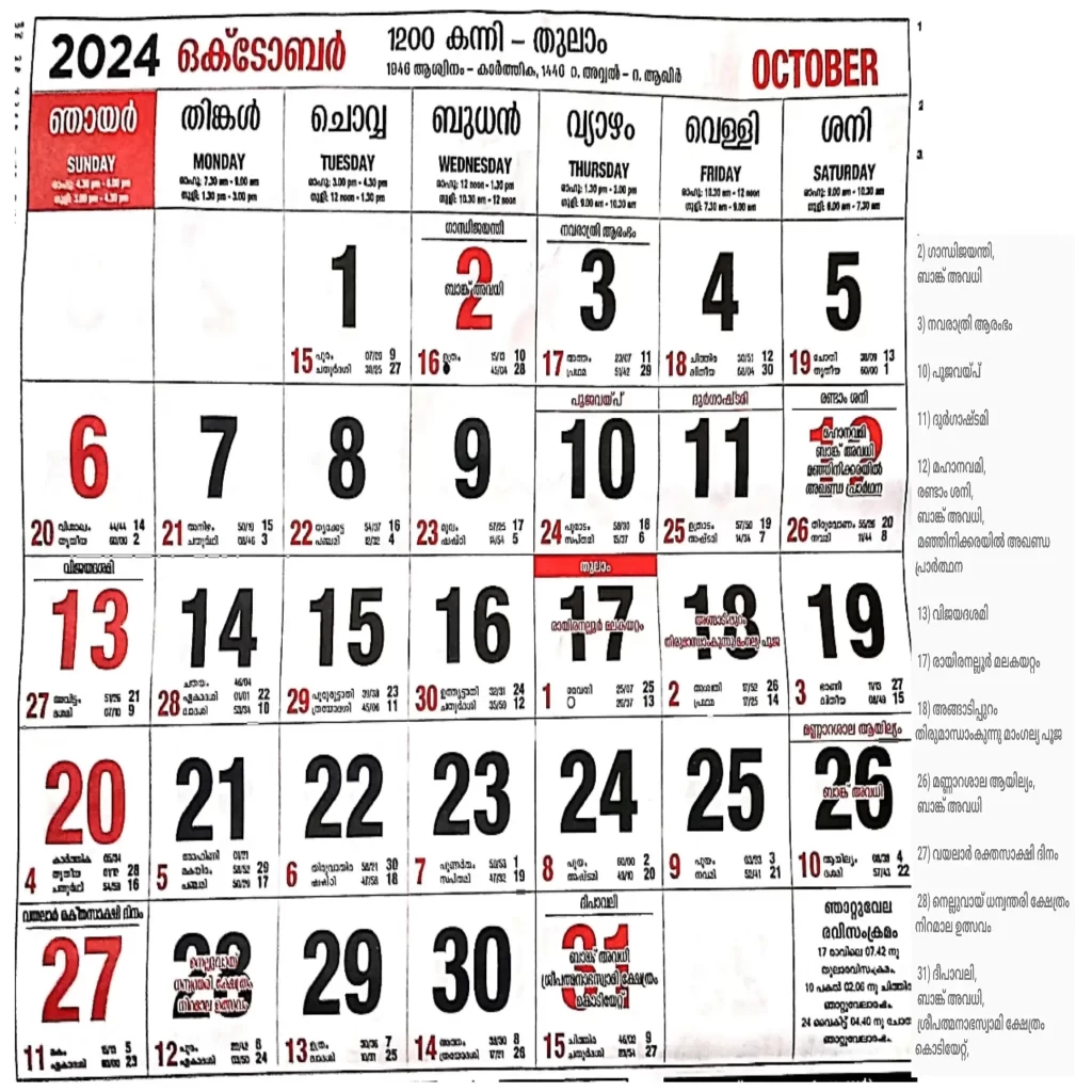 Malayalam Calendar 2024 October | Printable Calendar 2025